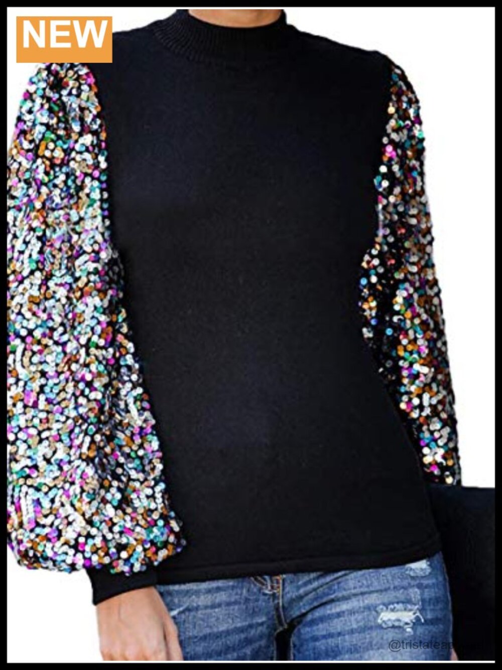Sequin Balloon Sleeve Mock Neck Pullover Sweatshirt